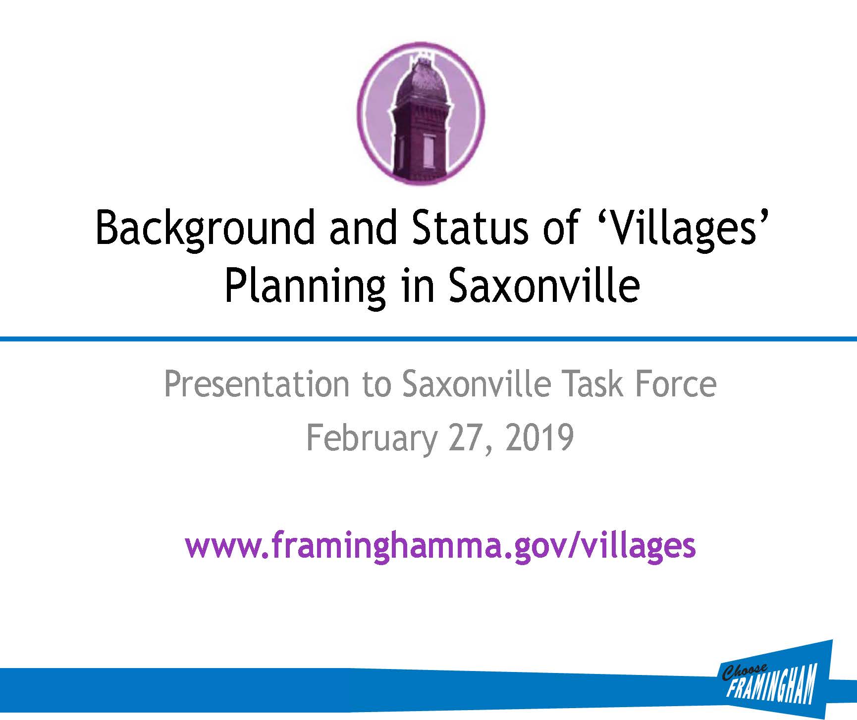 image of front slide of presentation on Saxonville on Feb 27, 2019