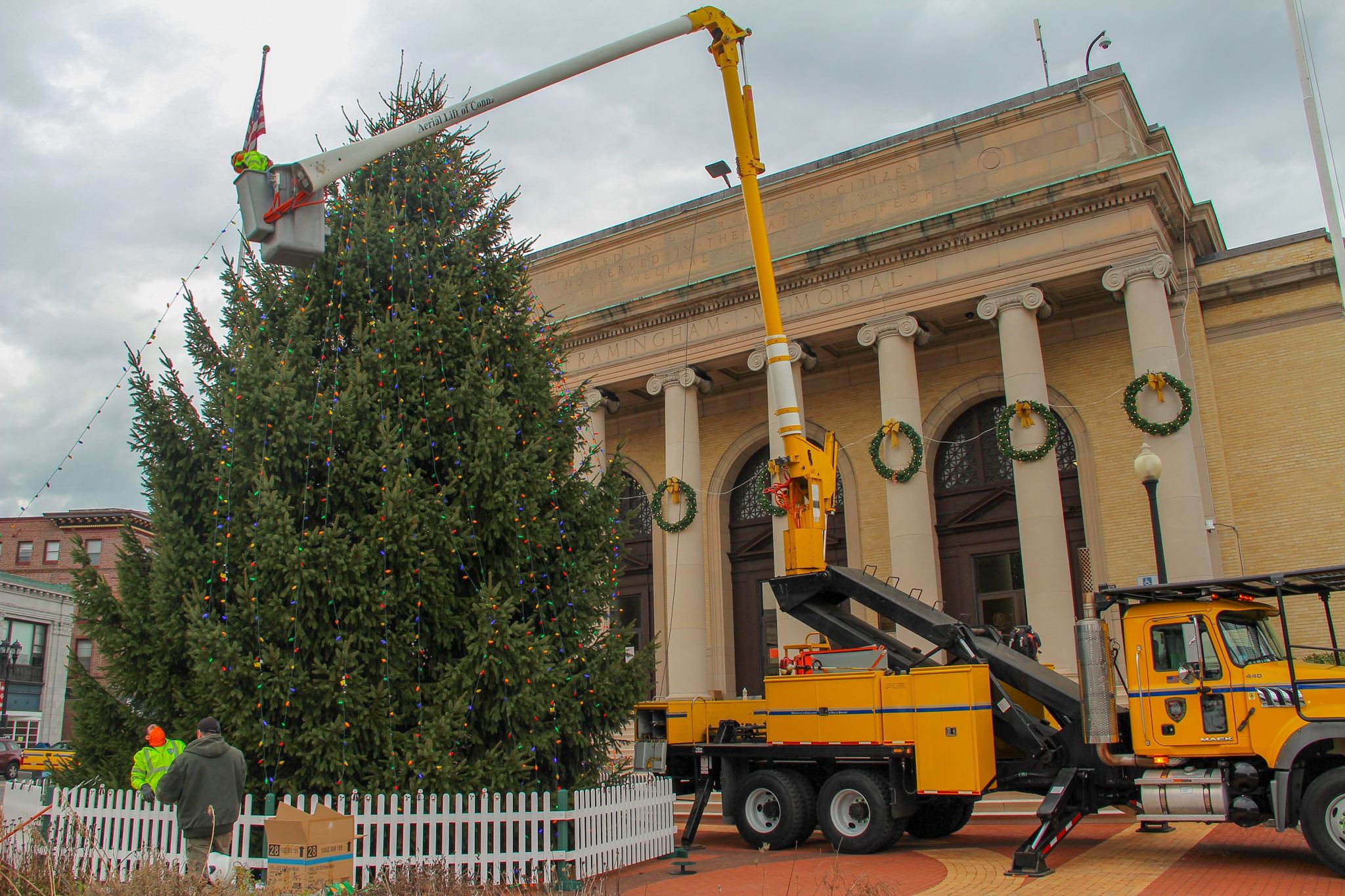 Image of DPW decorating the holiday tree with lights at City Hall. 