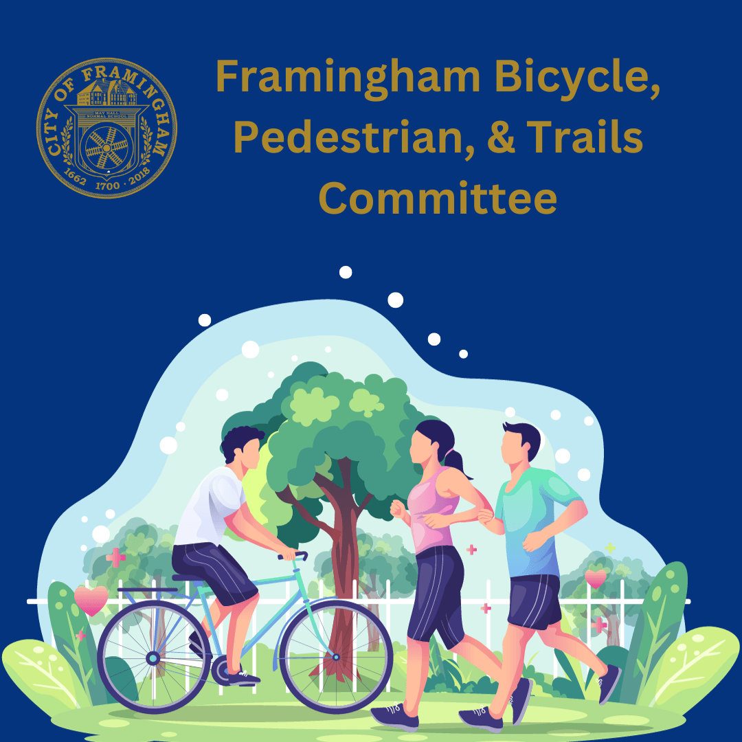 picture of person on bike and two people walking with words Framingham Bicycle Pedestrian & Trails 