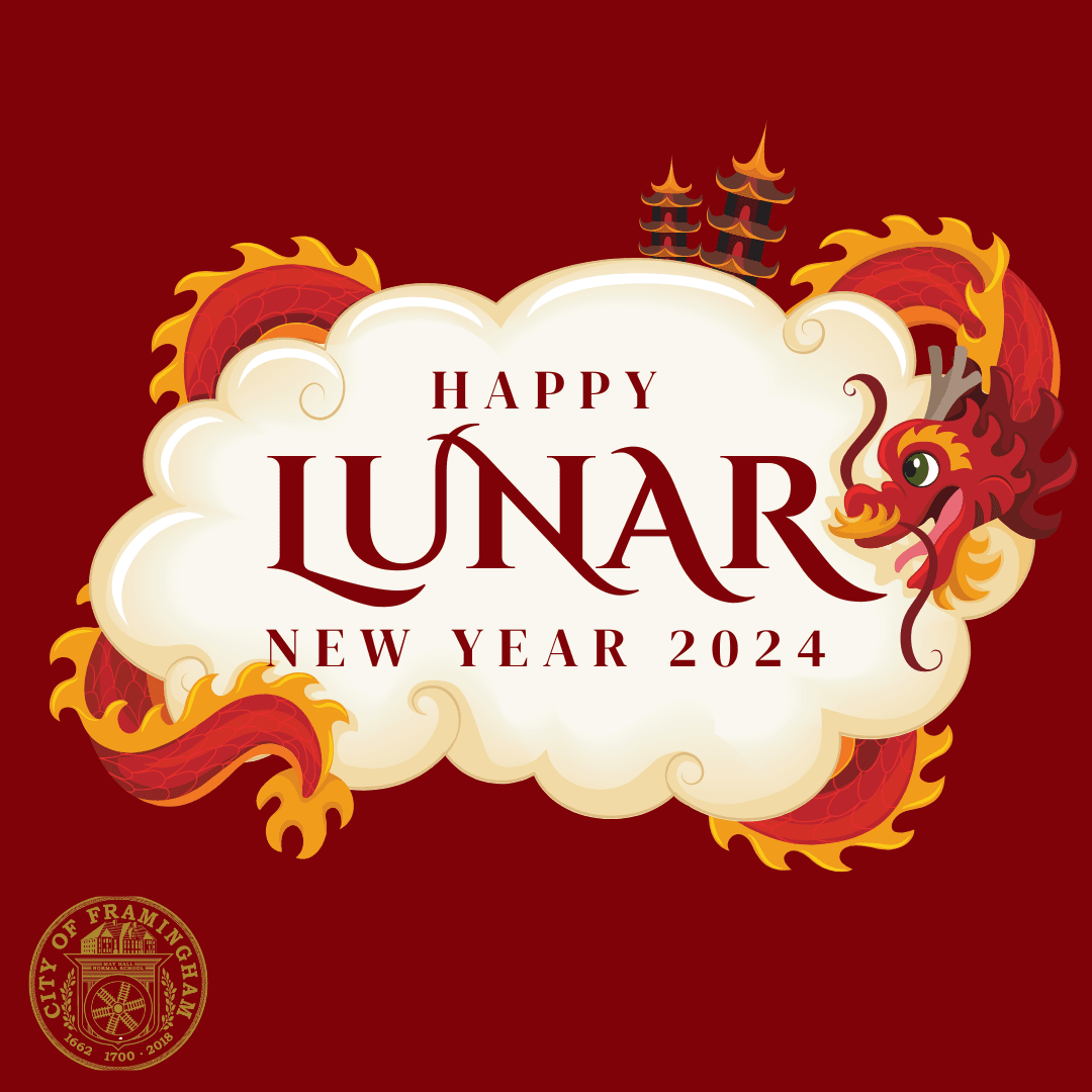 Dragon on a red background with Happy Lunar New Year 2024