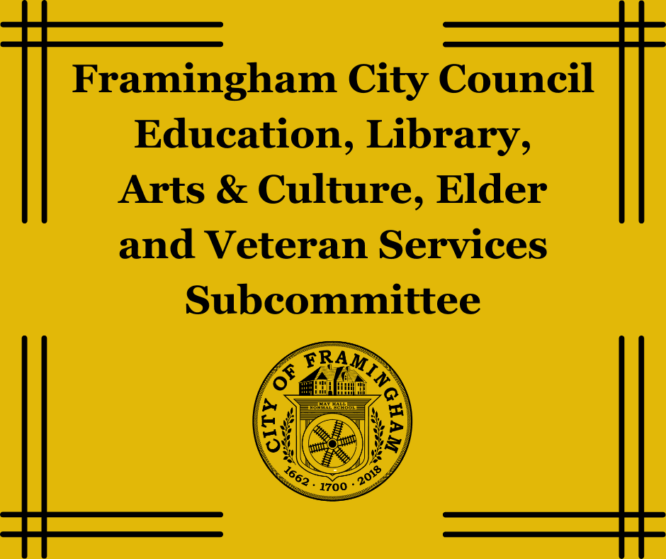 Yellow background with words education, library arts& culture, elder and veterans services subcommit