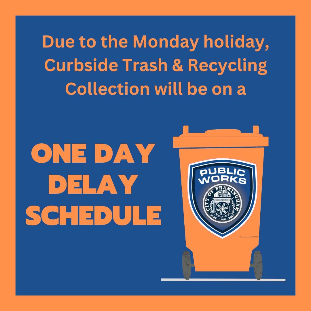 Blue background with orange trashcan and words trash collection delayed due to Monday holiday