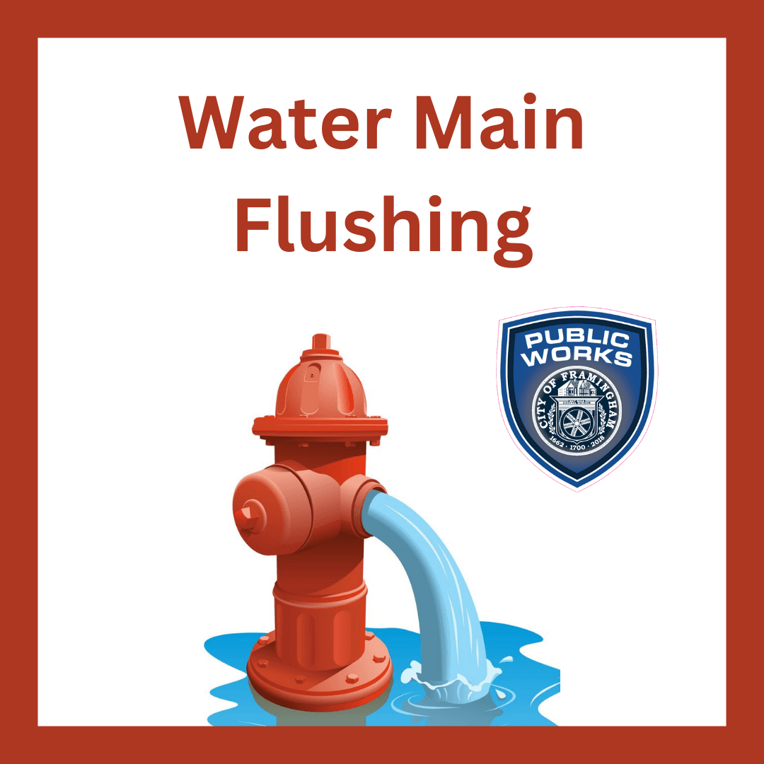 picture of water from a red hydrant with words water main flushing and DPW seal