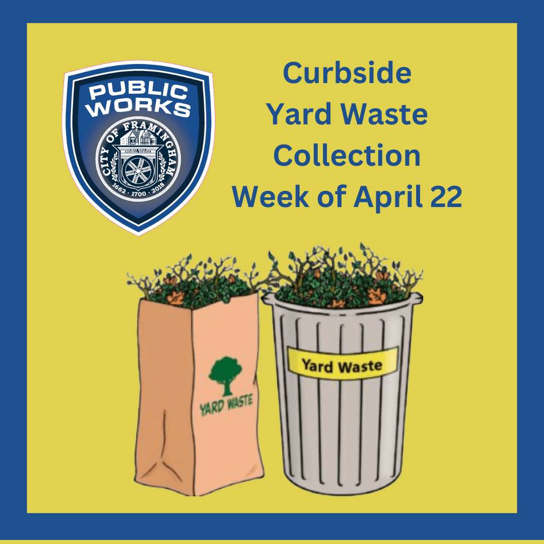 Curbside yard waste collection week april 22, 2024 with DPW seal and clipart of yardwaste