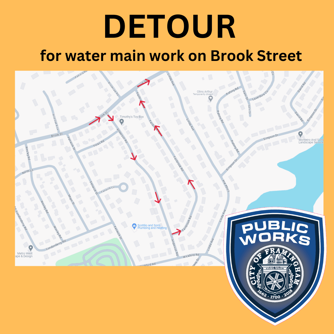 Detour on Brook Street due to Water Main work - map of the detour on an orange background