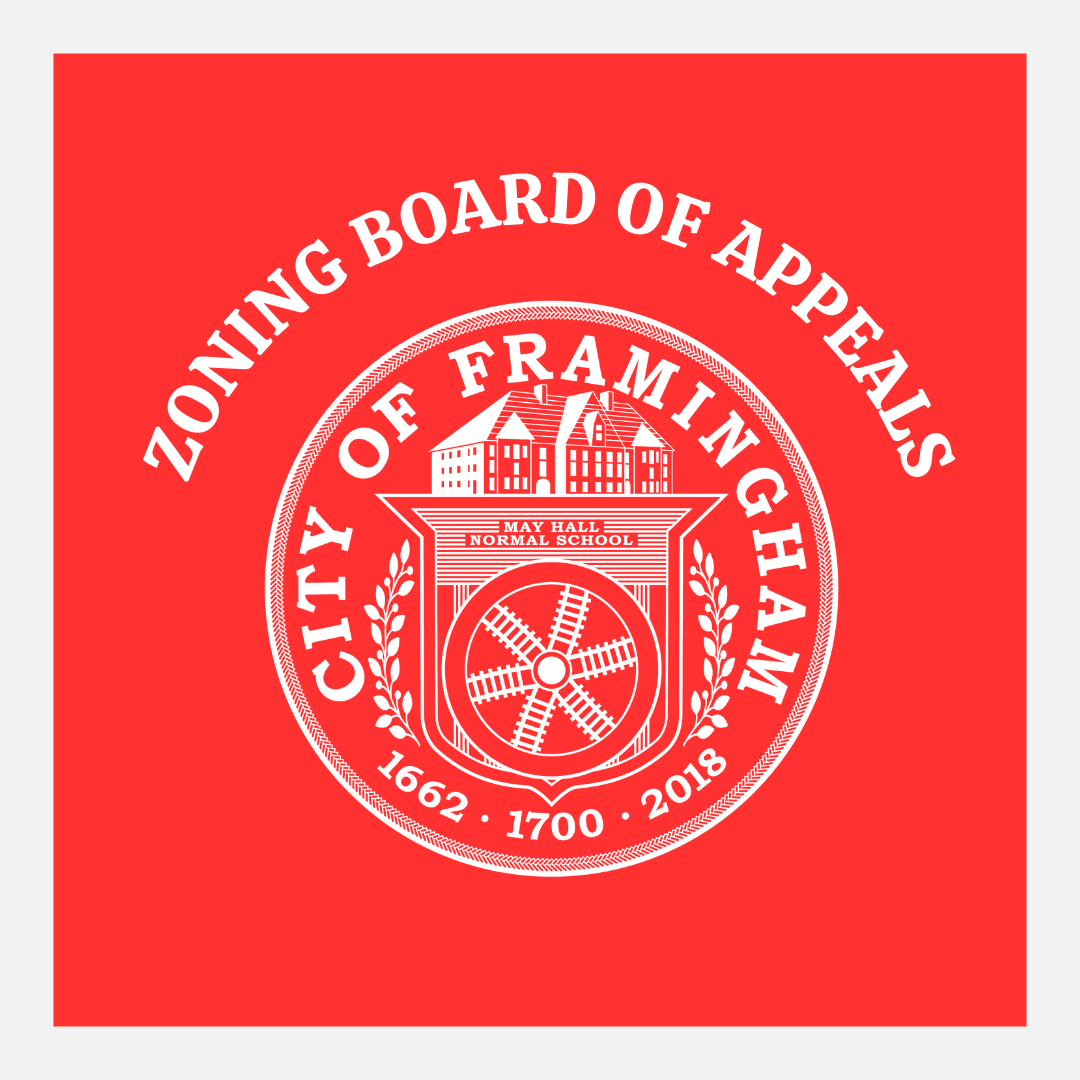 Zoning Board of Appeals words on red background with white city seal