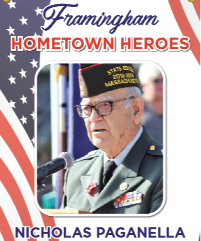Hometown Heroes Banner with Veterans Council member Nick Paganella photo with American flag banner