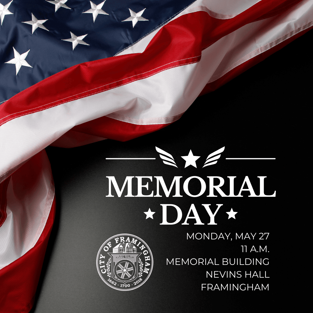 Memorial Day Ceremony May 27 2024 with American flag in background with city seal