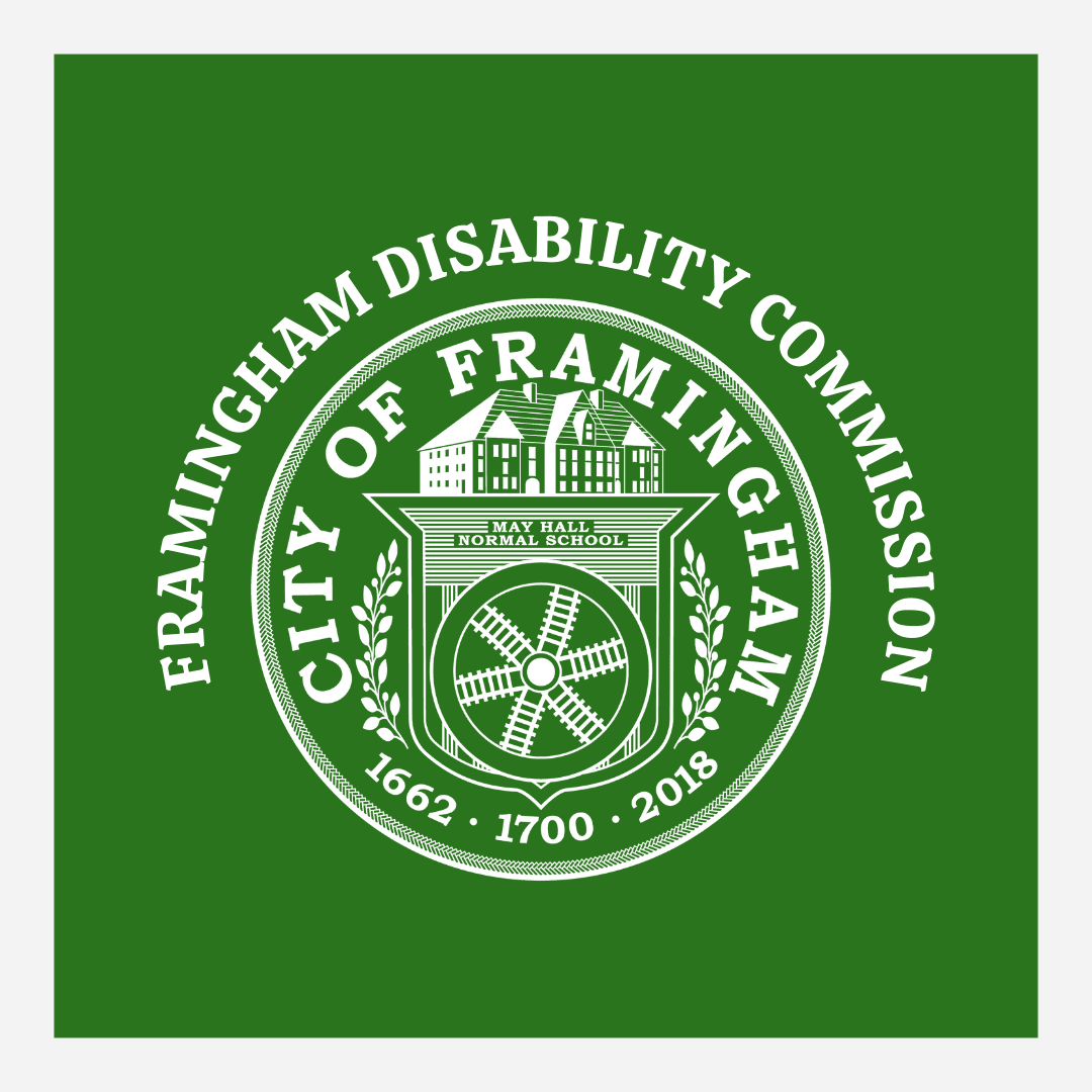 Framingham Disability Commission on green background with white city seal