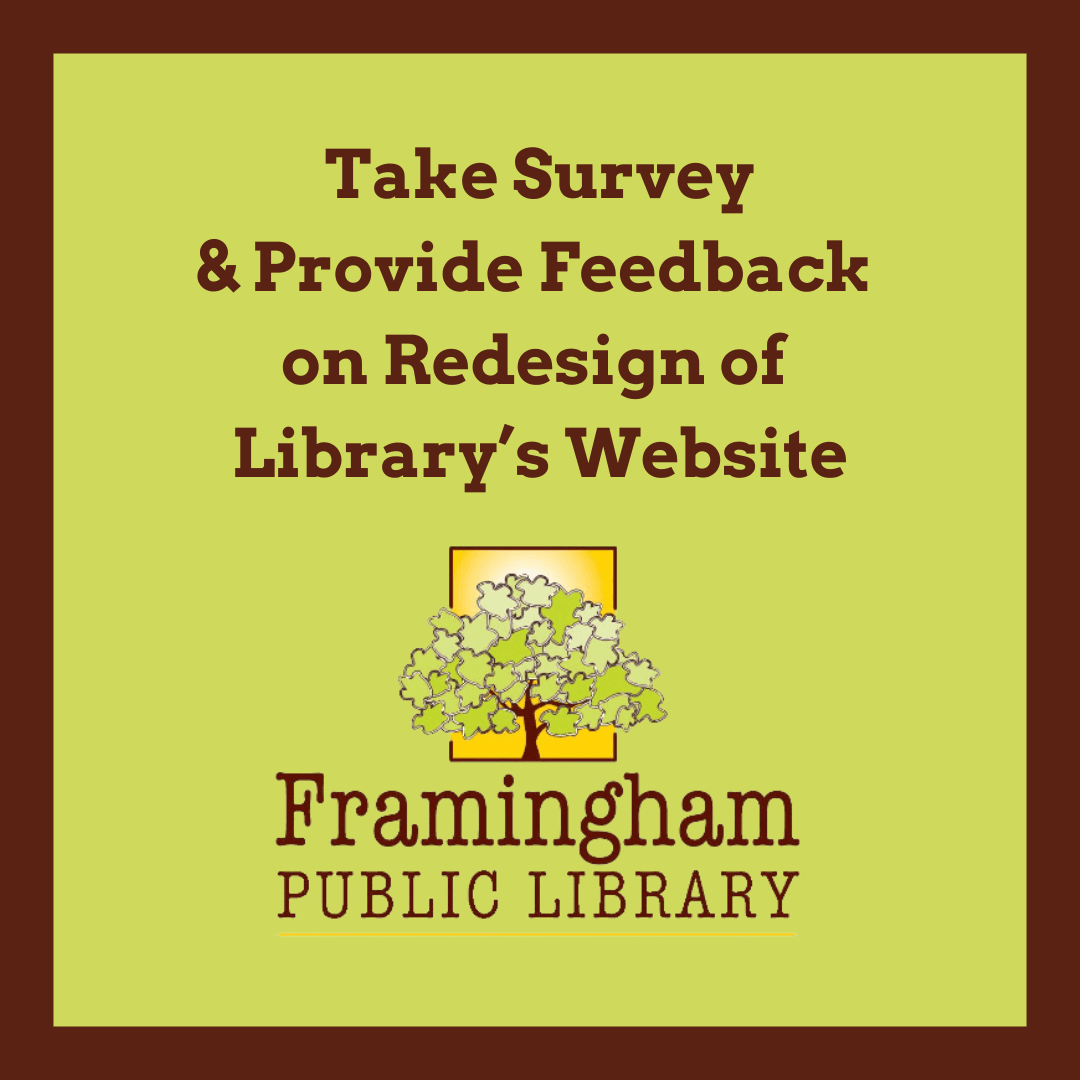 Take survey and provide feedback on redesign of website on green background with library logo