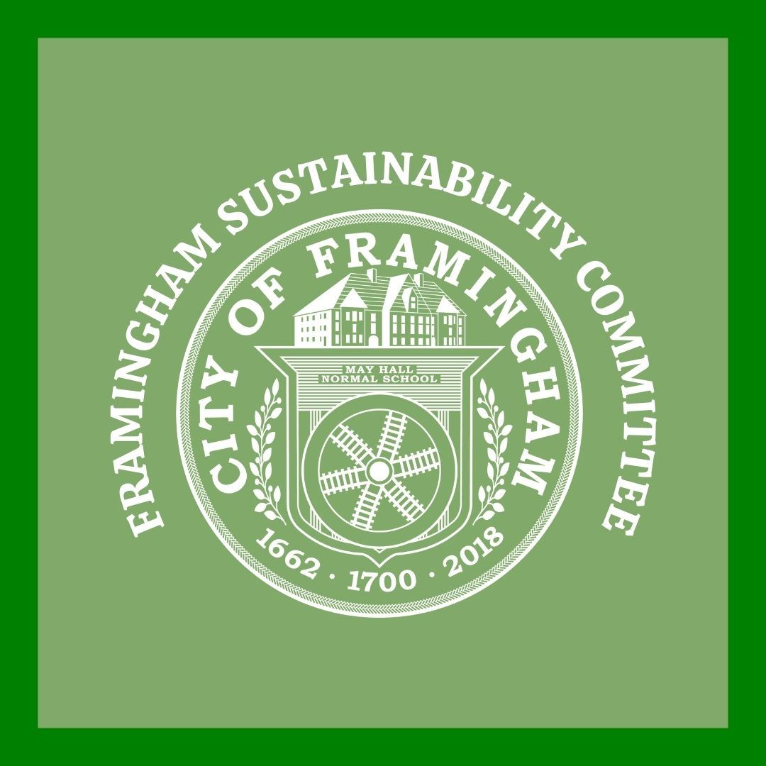 Words Framingham Sustainability Committee around the City seal (in white) on a moss green background
