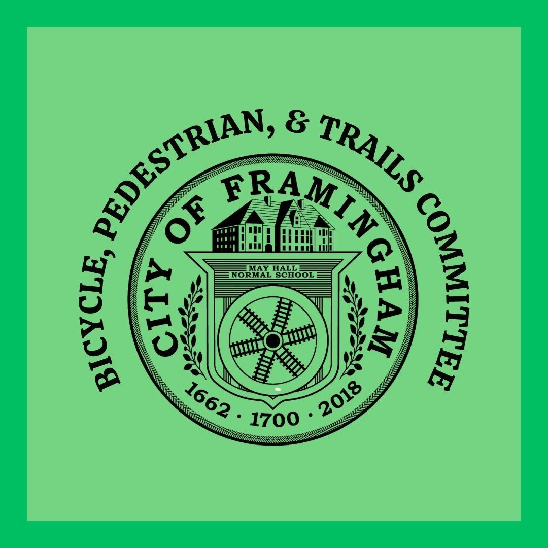 Framingham Bicycle Pedestrian & Trails Committee in black around a black city seal with green backgr