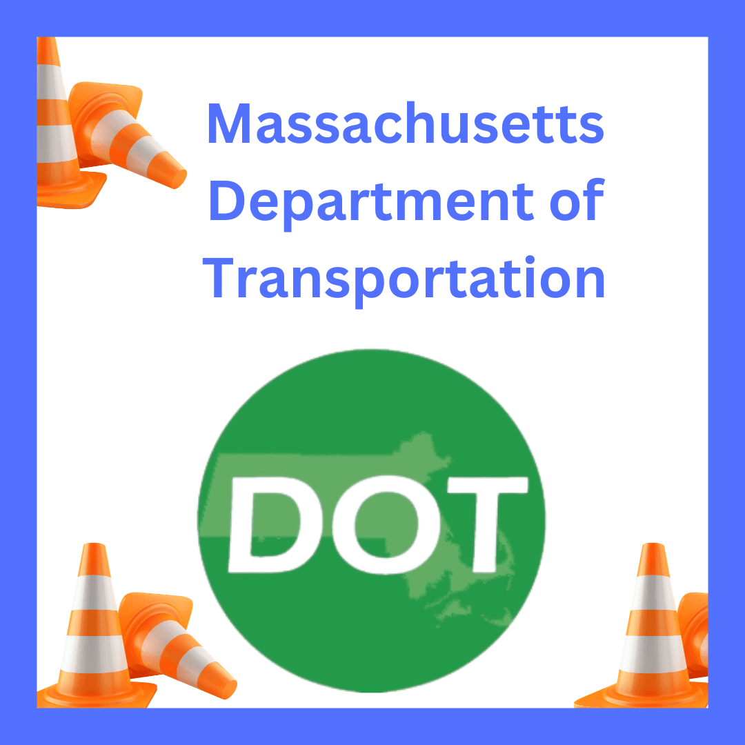 MassDOT logo in green with orange cones and blue frame