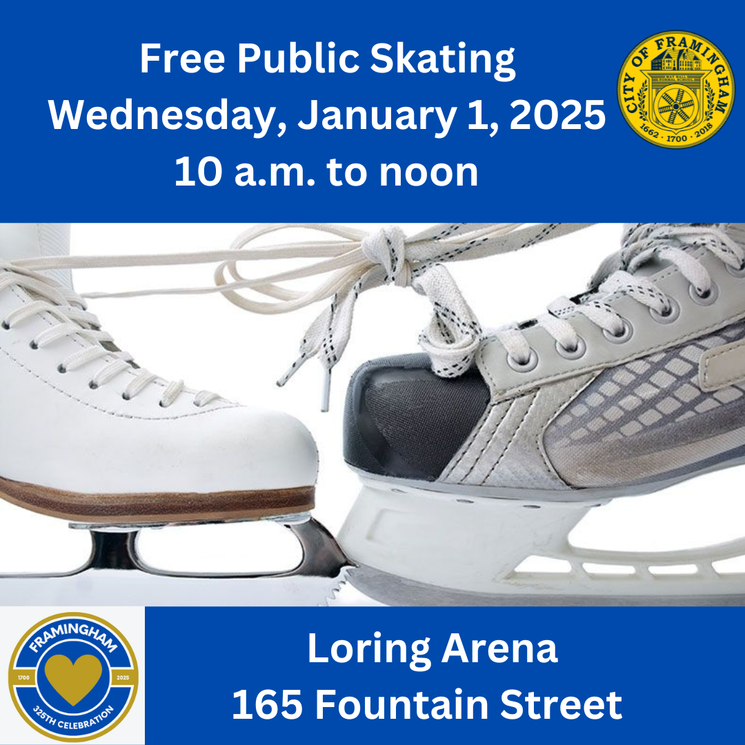 Free public skating at Loring Arena on January 1, 2025 from 10 a.m. to noon with photos of ice skate