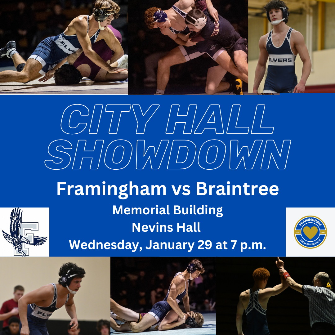 Photos of Framingham High wrestlers announcing match on January 29, 2025 at 7 p.m. at Nevins Hall