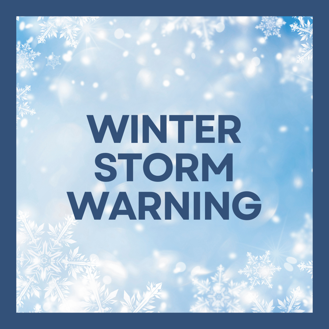 Winter Storm Warning with snowflakes and a blue border