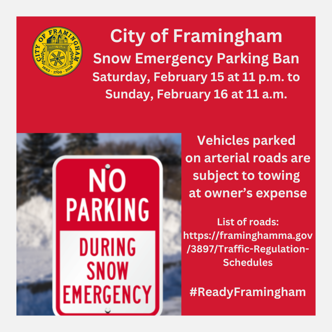 Photo fo snow mergency parkig ban sign with city seal and words of ban from 2/15 to 2/16/25 at 11am