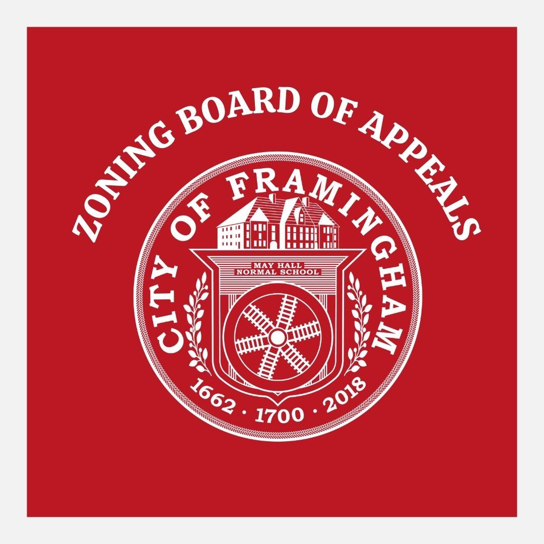Framingham Zoning Board of Appeals in white letter around City seal on red background