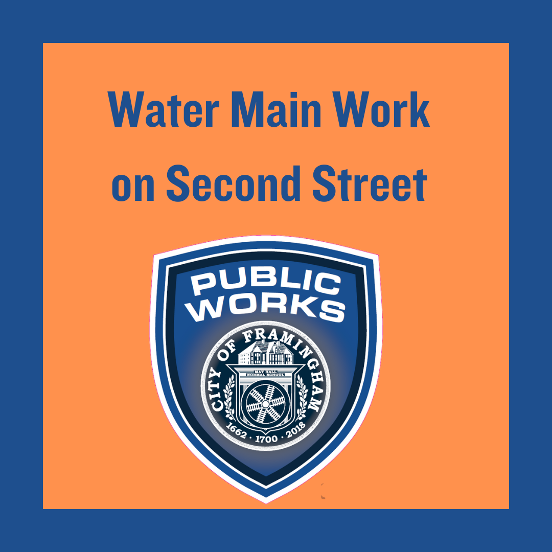 water main work second street 2025 DPW seal on orange background with blue frame