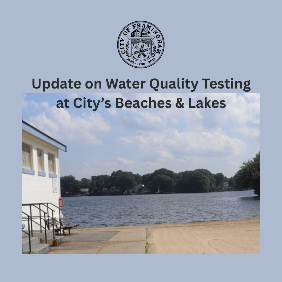 City of Framingham update on water quality testing at beaches & lakes with photo of beach