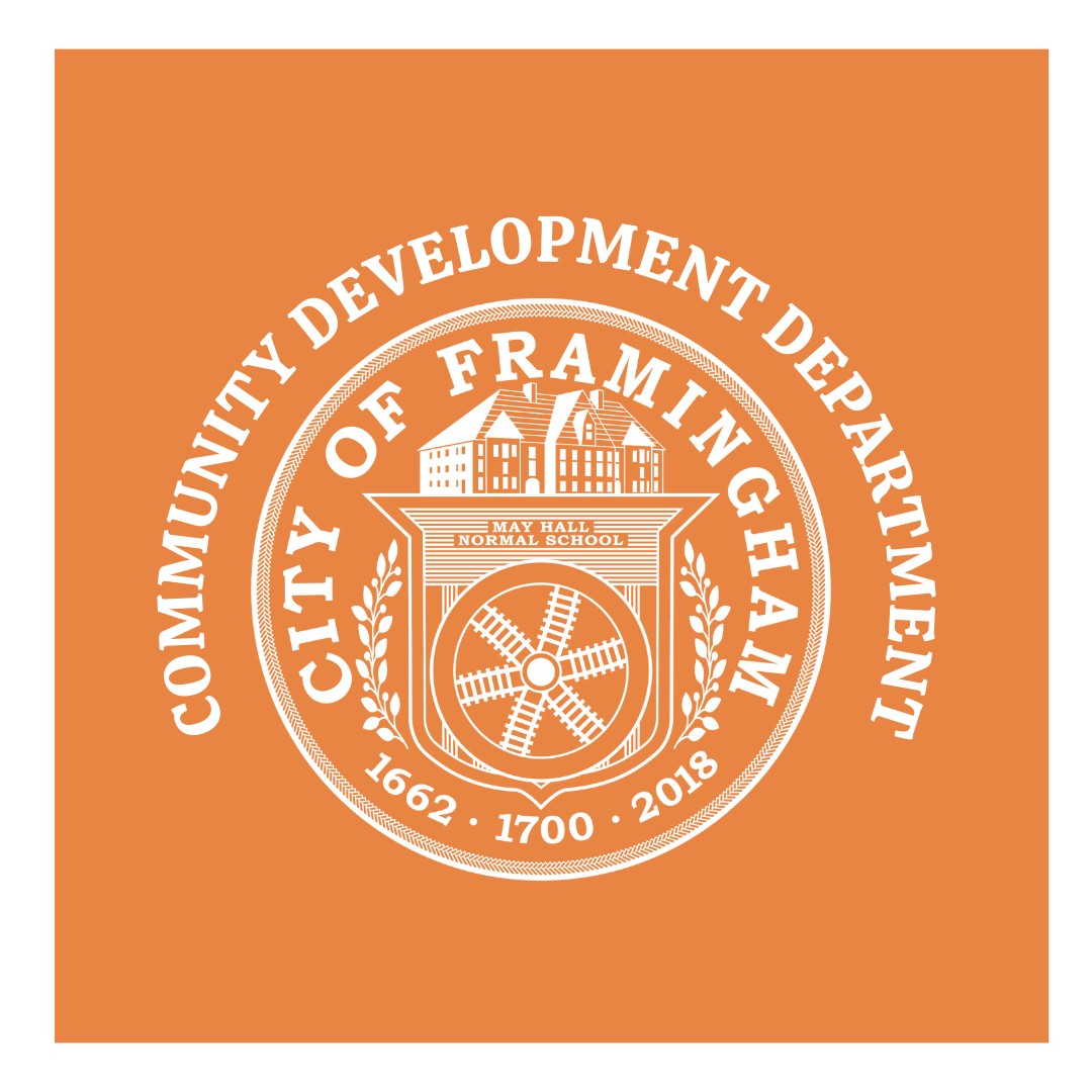 Community Development Department with City seal in white on an orange background with white border