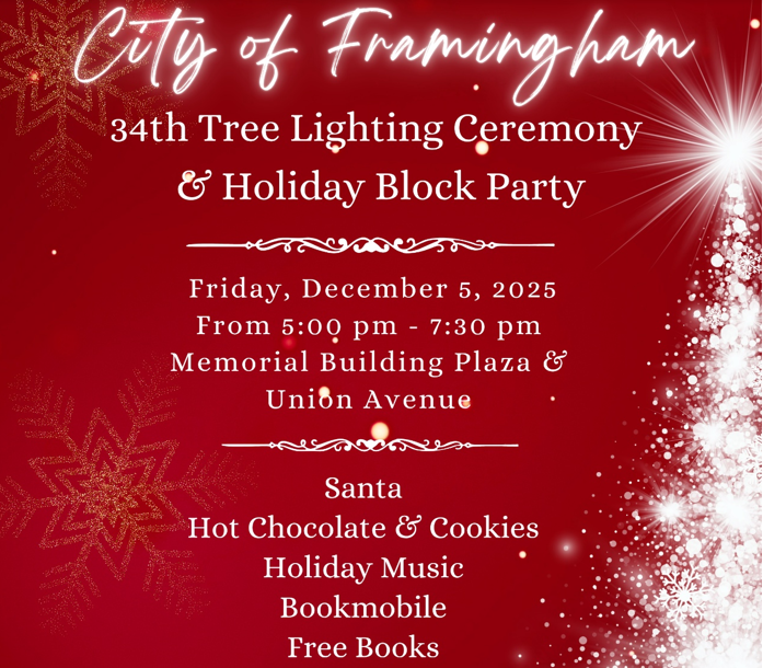 34th annual tree lighting on Friday, December 5, 2025 with white tree and red background