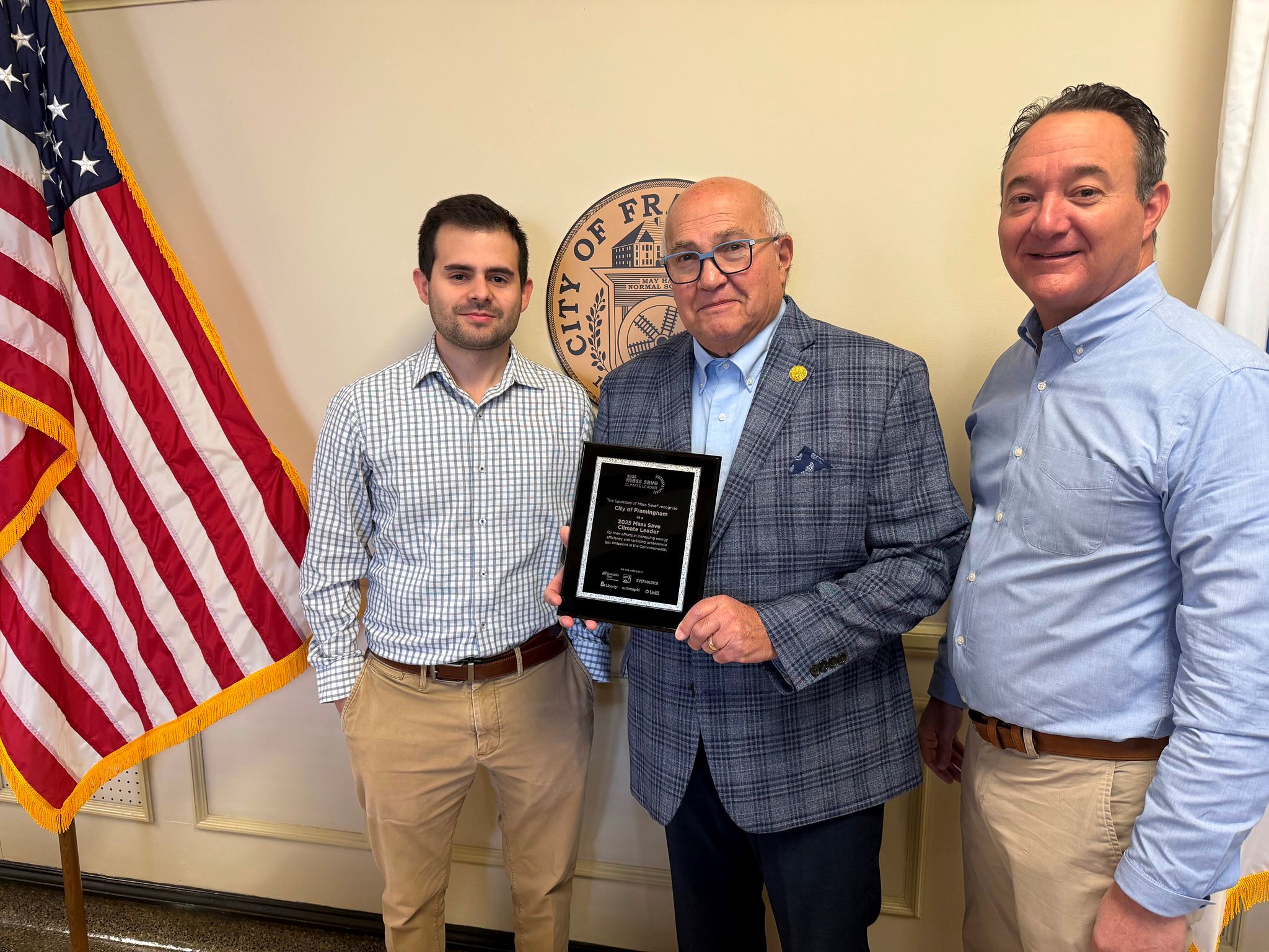 Shawn Luz, Mayor Charlie Sisitsky, and James Paolini - MassSave 2025 Climate Leader Award