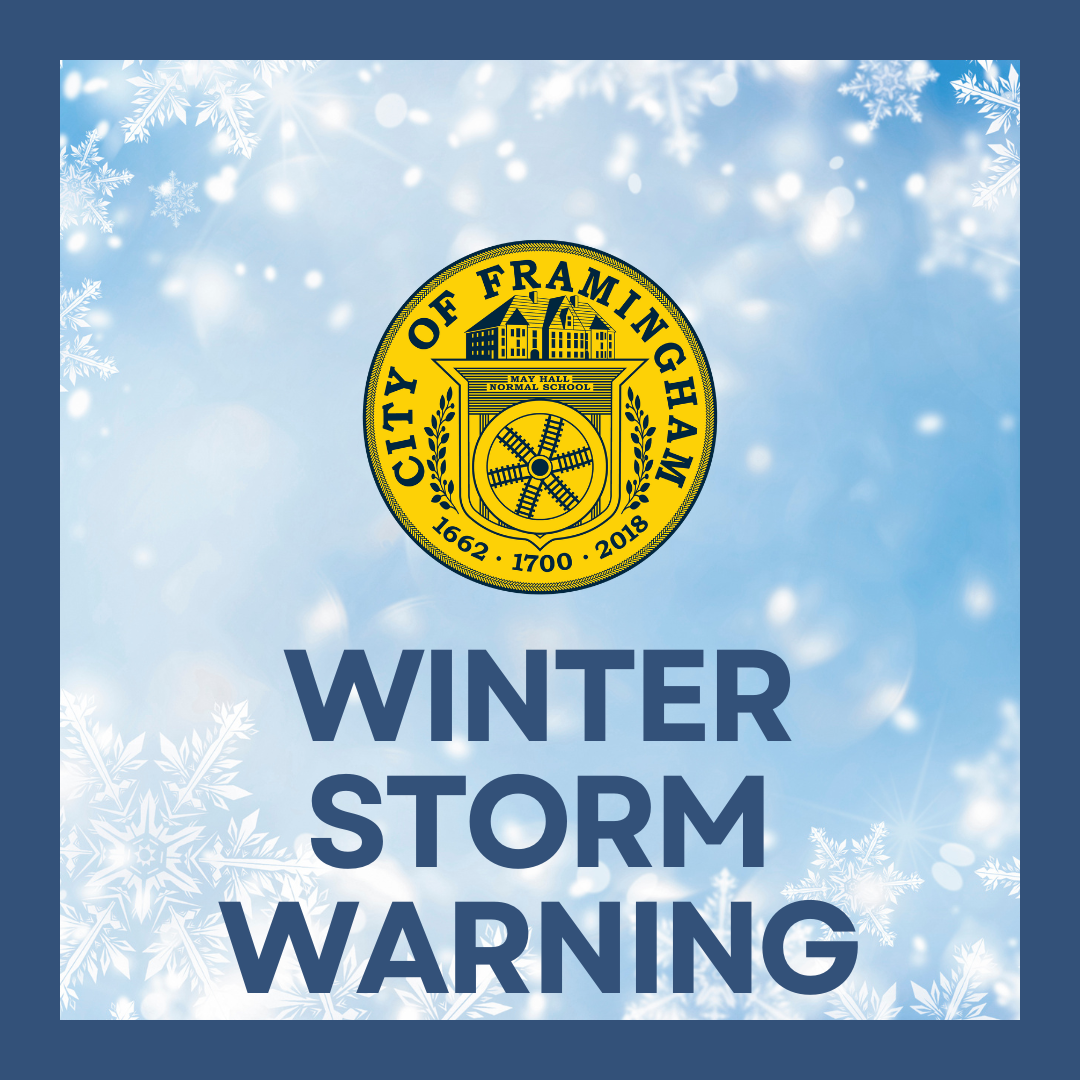 Winter Storm Warning with City yellow seal on a light blue background with snowflakes