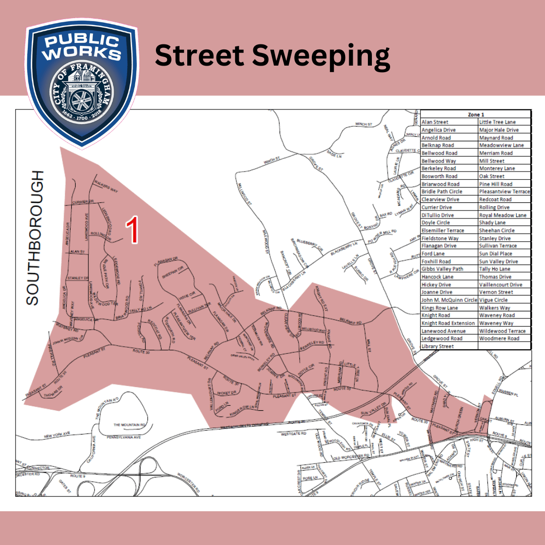 Map of streets in Zone 1 scheduled for street sweeping on April 1