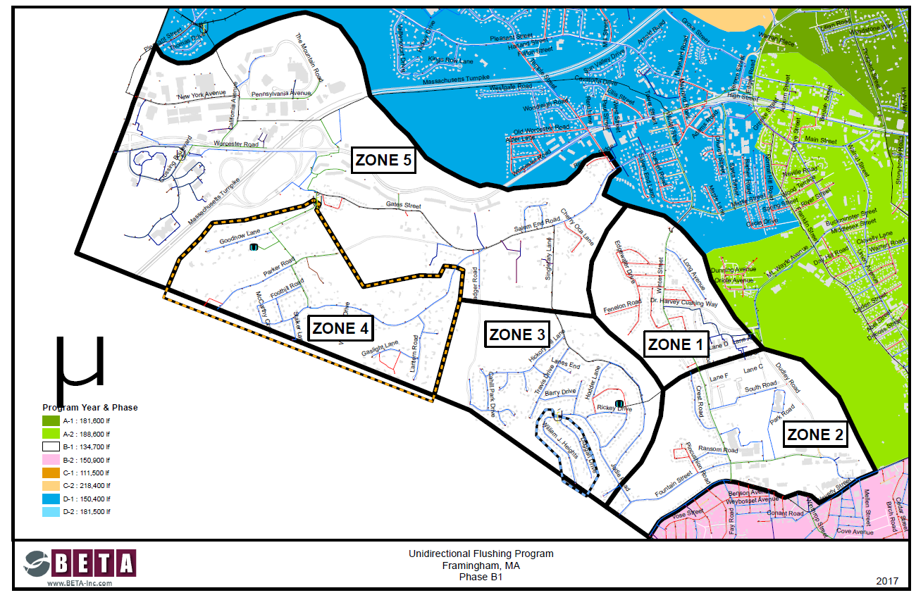 Map of areas DPW plan to conduct water main flushing starting april 22, 2024