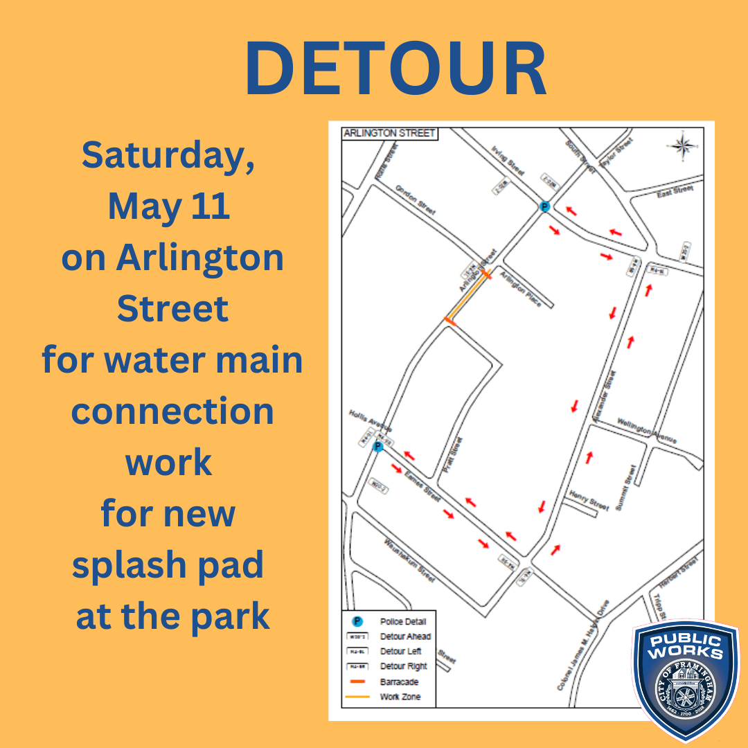 Map showing detour as Arlington Street will have road work on May 11, 2024. DPW seal on map.
