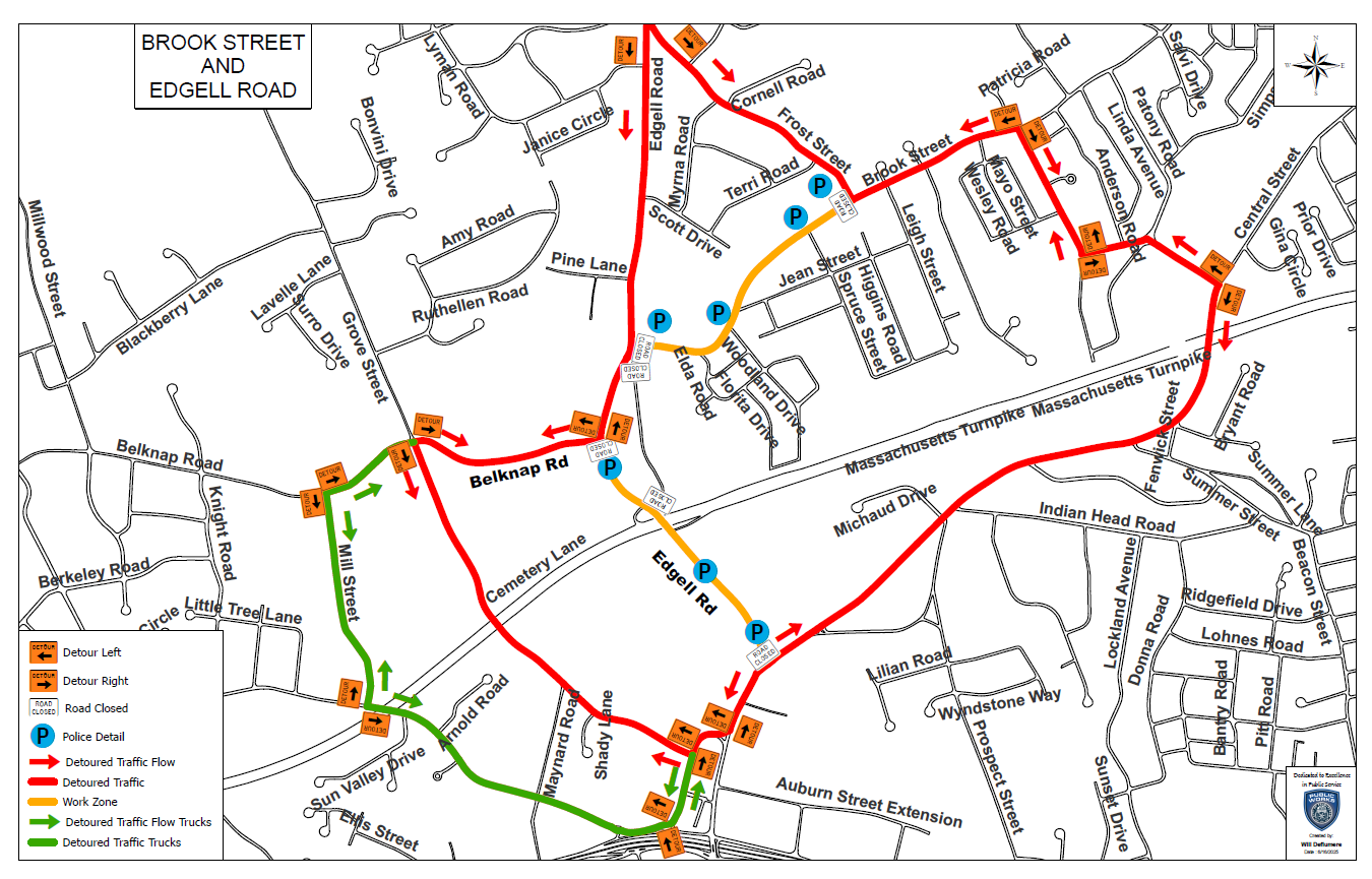 This detour map shows road closures and rerouted traffic around Brook Street and Edgell Road in Fram