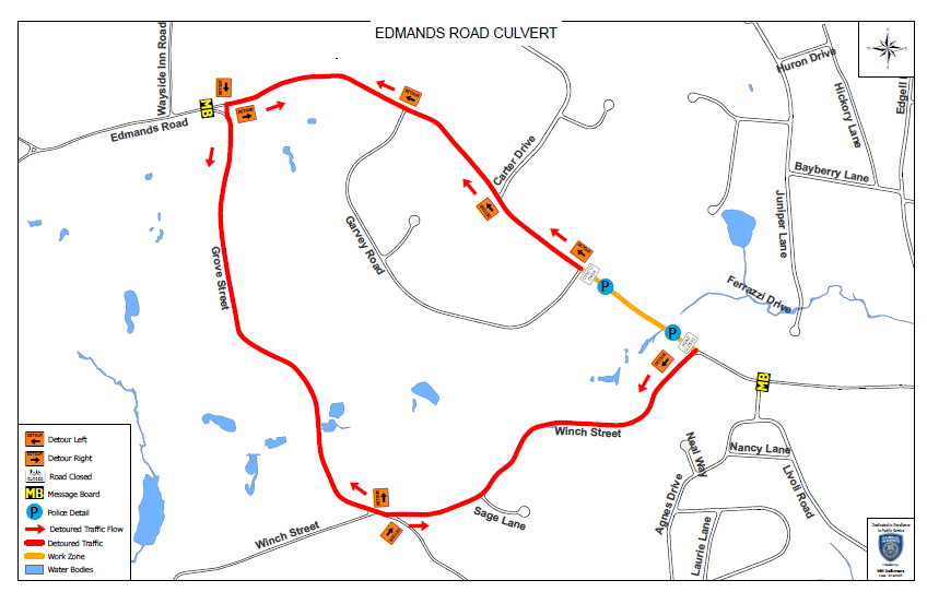 DPW Culvert repair detour map Edmands Road