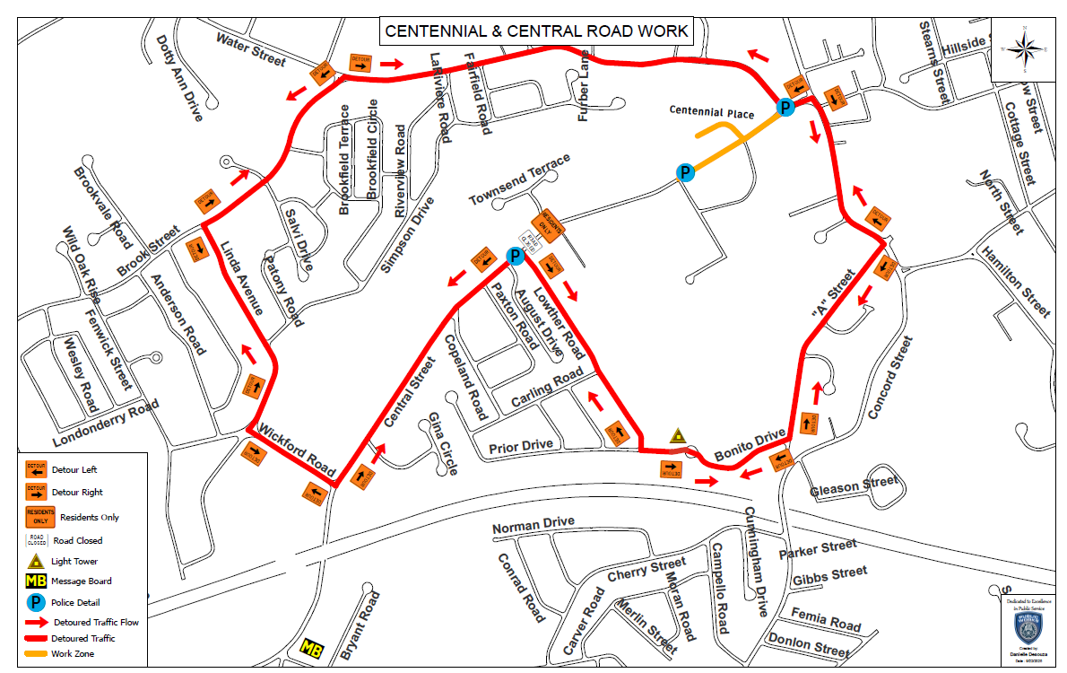 DPW Central Street detour map for Octobr 2025